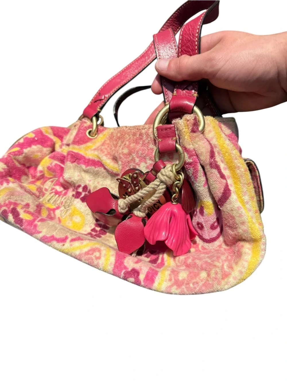 Vintage Juicy Couture Pink Y2K Floral Terrycloth Shoulder Bag Lux Charms